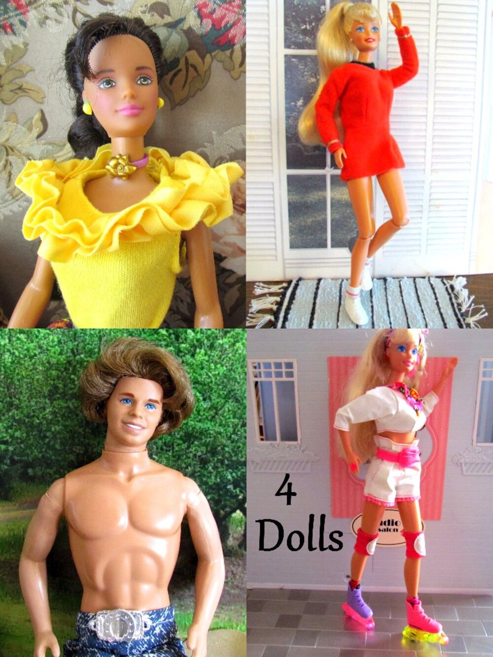 4 DOLLS: KEN w ROOTED HAIR + 3 BARBIES w LONG HAIR, CLOTHES, BEND LEGS
